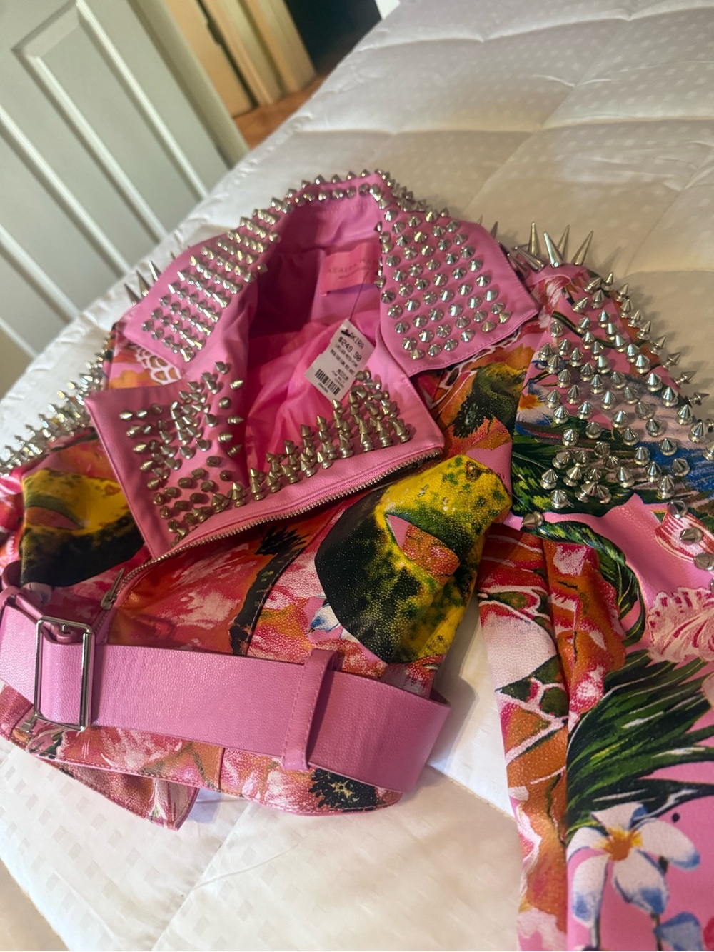 AKIRA Pink Floral Spike Studded Moto Jacket